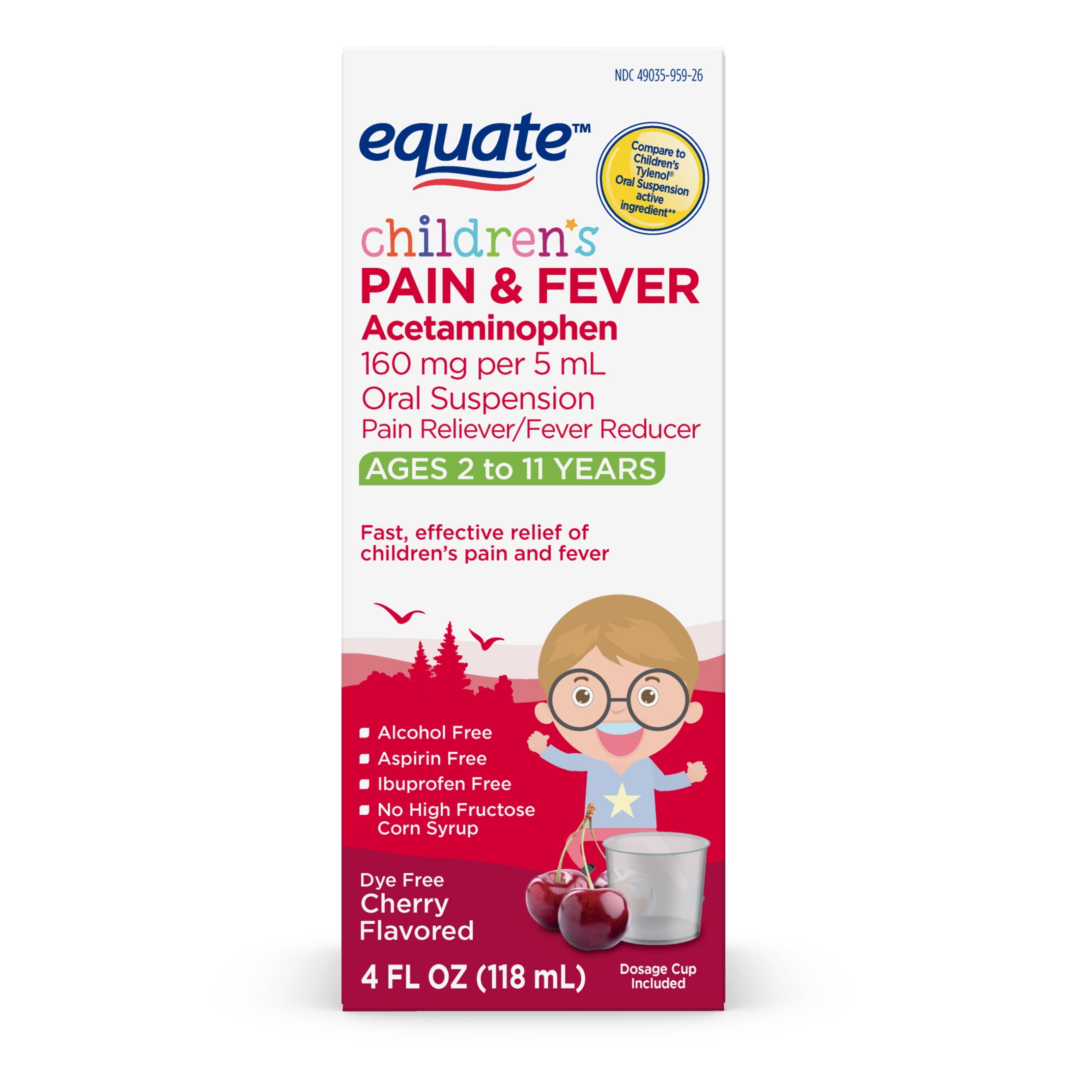 Equate Children's Pain & Fever, Acetaminophen 160 mg per 5 mL Oral Suspension, Dye-free, Cherry Flavor, Pain Reliever and Fever Reducer, 4 Oz.