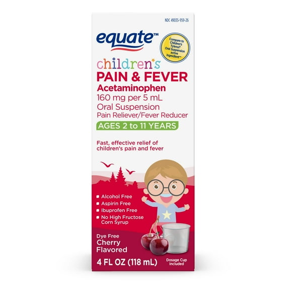 Equate Children's Pain & Fever, Acetaminophen 160 mg per 5 ml Oral Suspension, Dye-free, Cherry Flavor, 4 oz