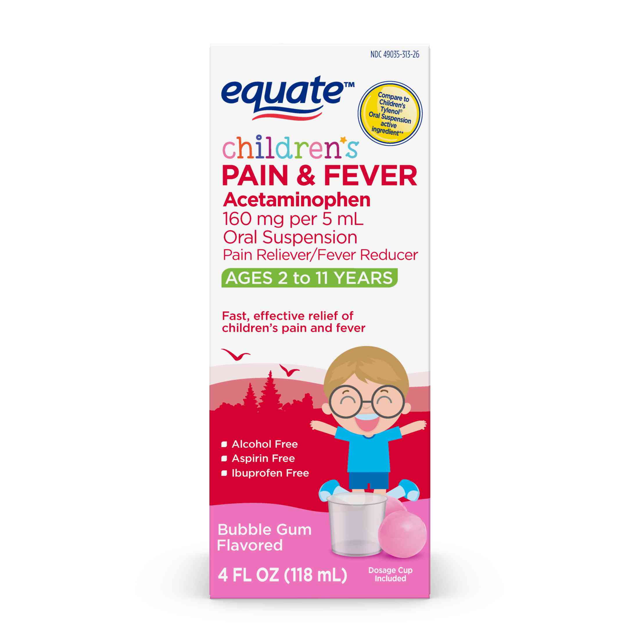 Equate Children's Pain Reliever Oral Suspension Liquid, Bubble Gum Flavor, Acetaminophen 160 mg per 5 ml, 4 fl oz - image 1 of 7