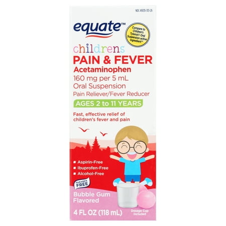 Equate Children's Pain & Fever Acetaminophen Oral Suspension, 160 mg, Bubble Gum Flavor, Ages 2 to 11 Years, 4 fl oz, Compare to Children's Tylenol® Oral Suspension Active Ingredient