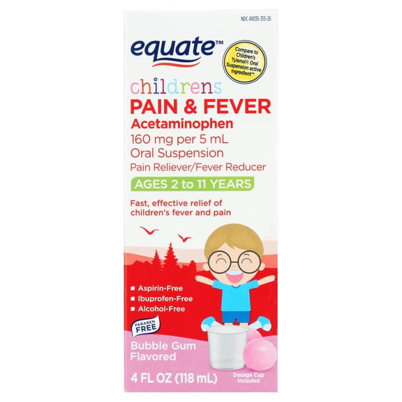 Equate Children's Pain & Fever Acetaminophen Oral Suspension, 160 mg, Bubble Gum Flavor, Ages 2 to 11 Years, 4 fl oz, Compare to Children's Tylenol® Oral Suspension Active Ingredient