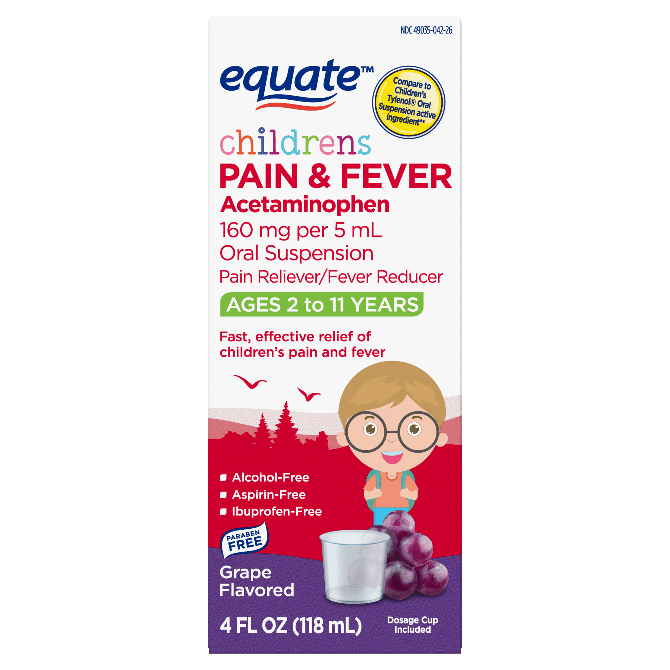Equate Children's Pain & Fever Acetaminophen Oral Suspension, 160 mg, Grape Flavor, Ages 2 to 11 Years, 4 fl oz, Compare to Children's Tylenol Oral Suspension Active Ingredient