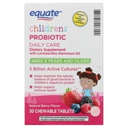 Equate Children's Probiotic Daily Care Dietary Supplement Chewable Tablets, 5 Billion Active Cultures, Natural Berry Flavor, Ages 3 Years and Older, 30 Count, Compare vs CulturelleÂ® Kids Chewables
