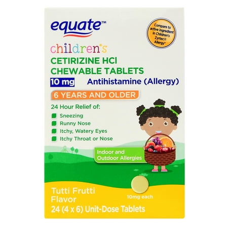 Equate Children's Tutti Fruitti Cetirizine HCI Allergy Chewable Tablets, 10 mg, 24 Count