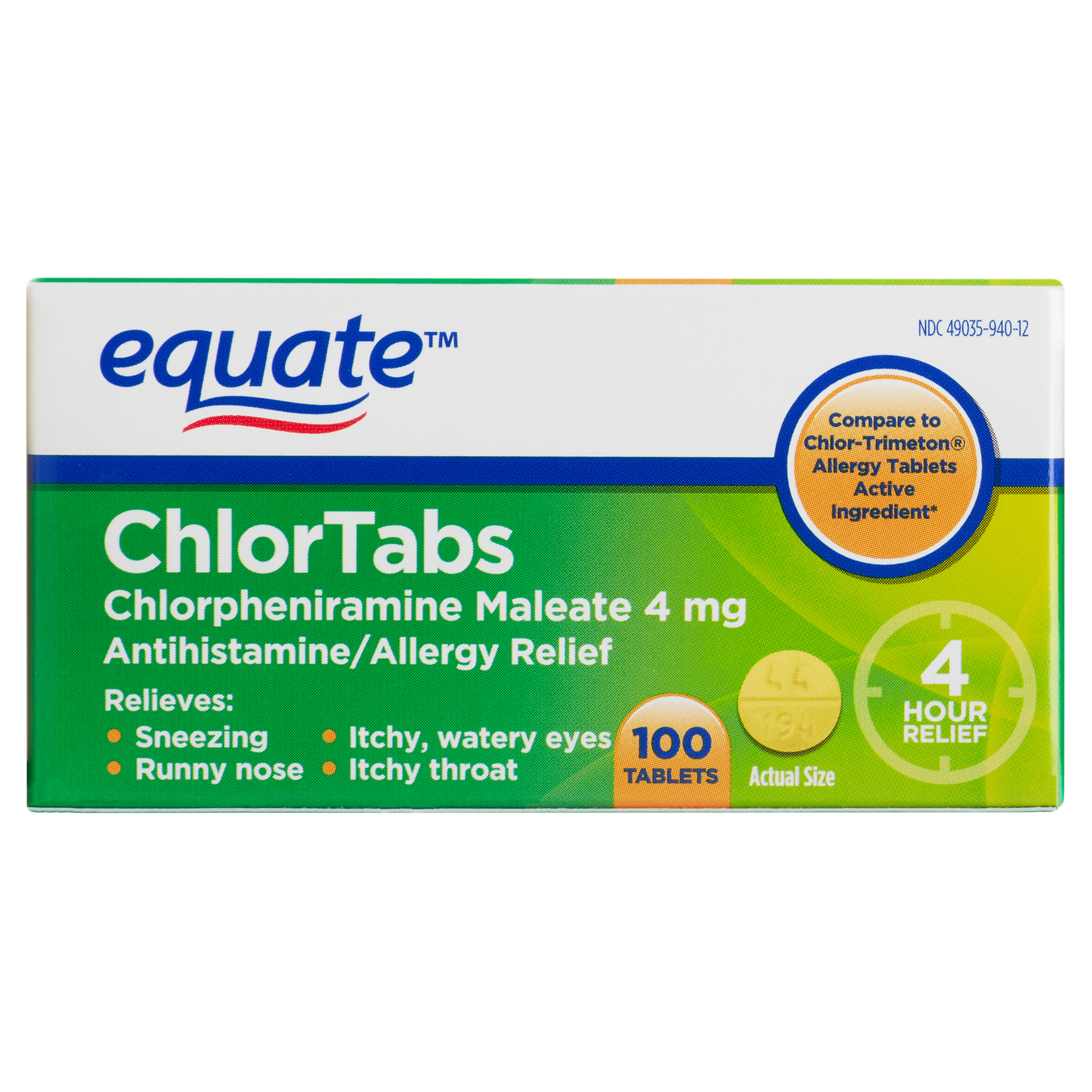 Equate Chlorpheniramine Maleate ChlorTabs Tablets, 4 mg, 100 Count - image 1 of 9