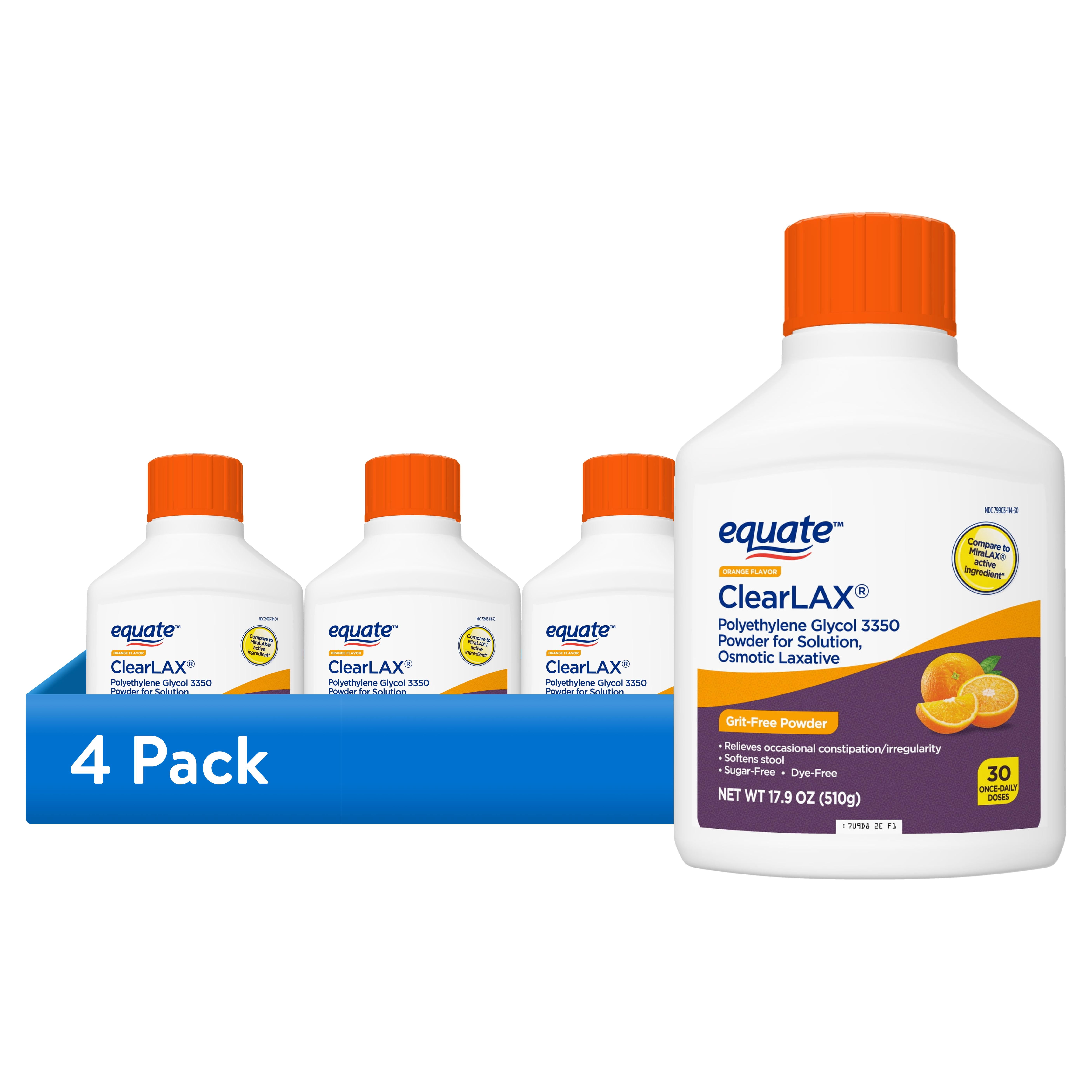 (4 pack) Equate ClearLAX Polyethylene Glycol 3350 Powder for Solution, Orange, 30 Doses, Compare to MiraLAX Active Ingredient