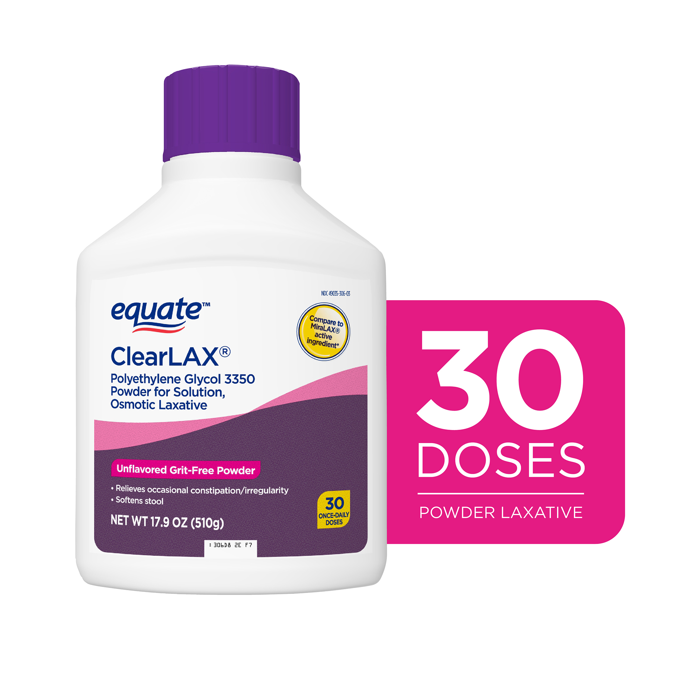 Equate ClearLax Polyethylene Glycol 3350 Powder for Solution, Unflavored, 30 Doses - image 1 of 7