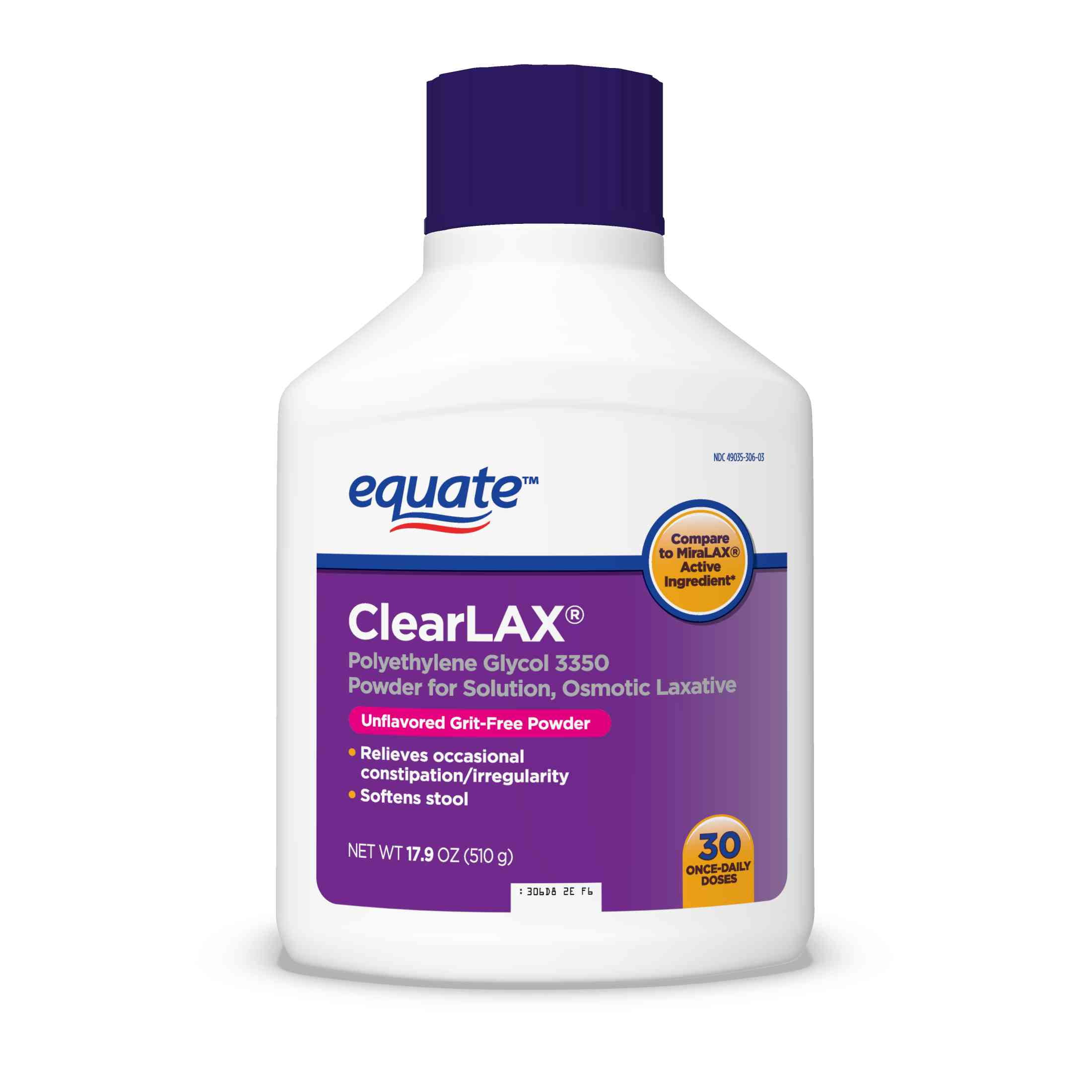 Equate ClearLax Polyethylene Glycol 3350 Powder for Solution, Unflavored, 30 Doses