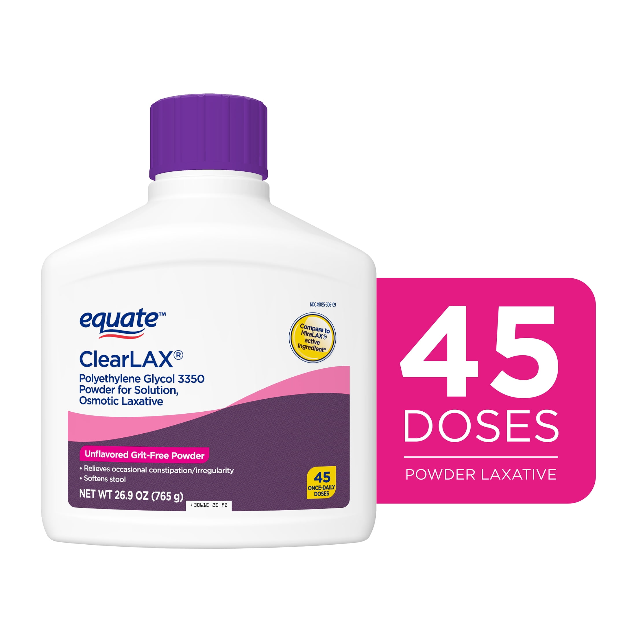 Equate ClearLax Polyethylene Glycol 3350 Powder for Solution, Unflavored, 45 Doses