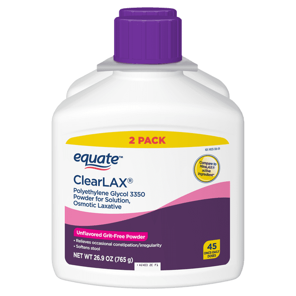 Equate ClearLax Polyethylene Glycol 3350 Powder for Solution, Unflavored, 26.9 Ounce, 2 Pack