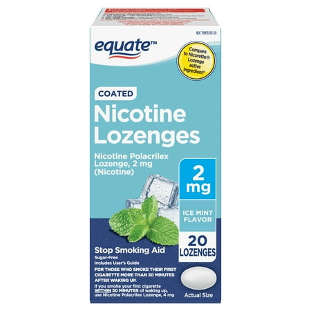 Equate Coated Nicotine Polacrilex Lozenges, Stop Smoking Aid, 2 mg, Ice Mint, 20 Count
