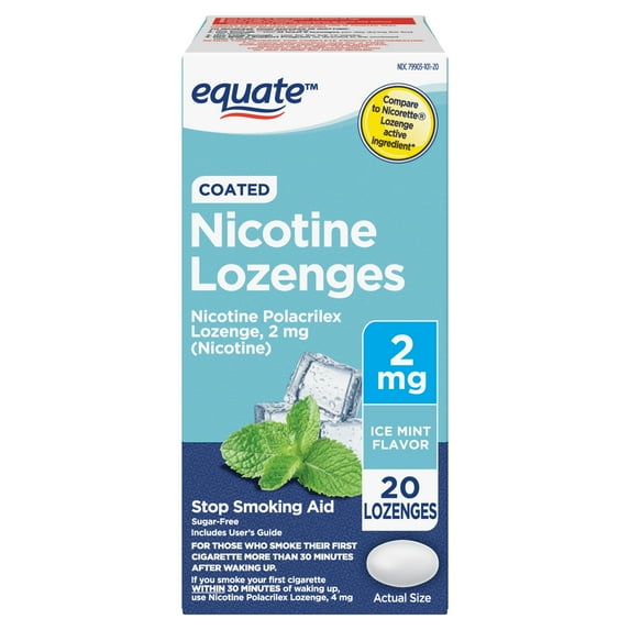 Equate Coated Nicotine Polacrilex Lozenges, Stop Smoking Aid, 2 mg, Ice Mint, 20 Count