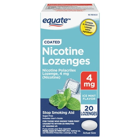 Equate Coated Nicotine Polacrilex Lozenges 4 mg, Ice Mint, 20 Count Stop Smoking Aid