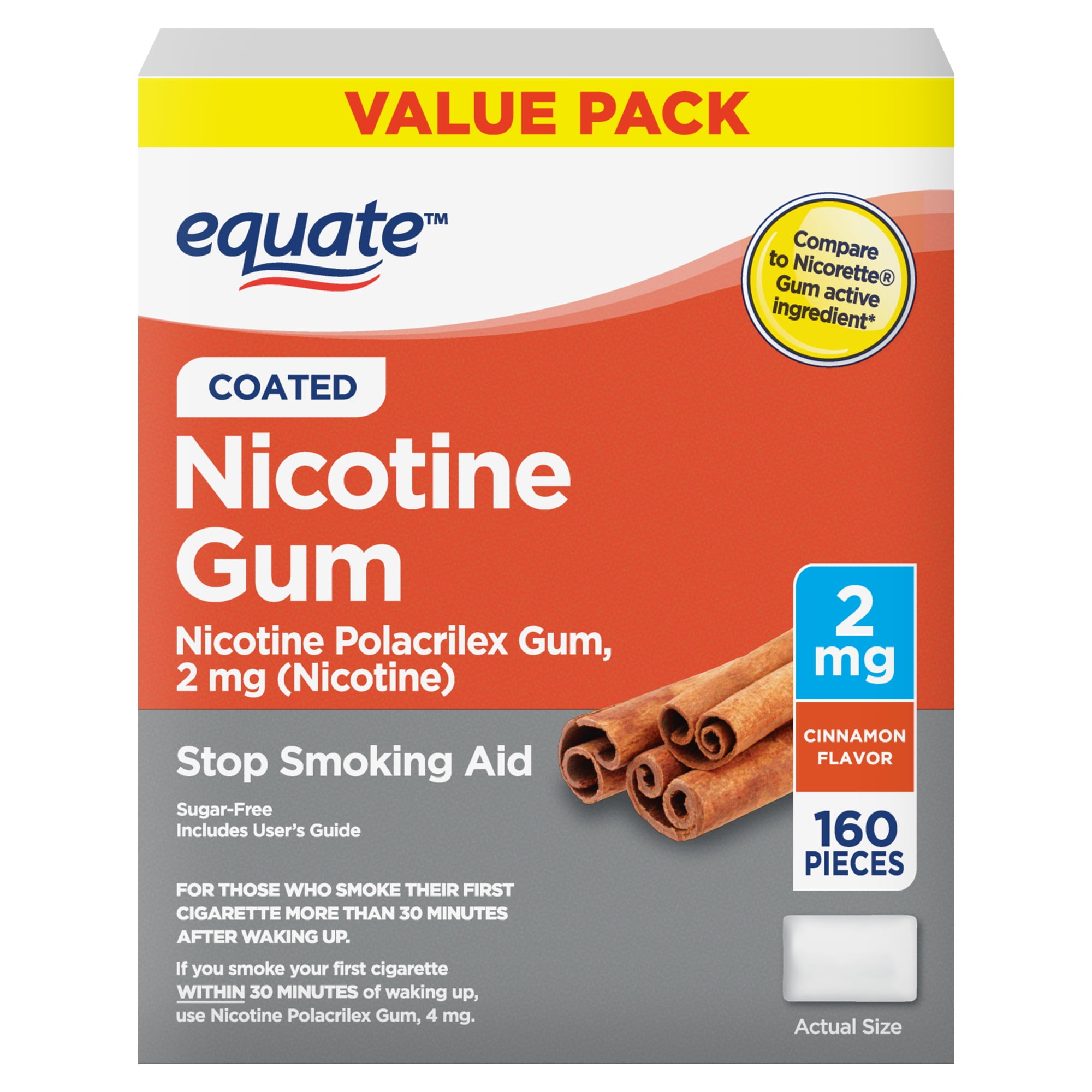 Equate Nicotine Gum 2 mg, Stop Smoking Aid, Cinnamon Flavor, Coated, 160 Count