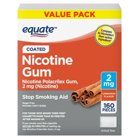 Equate Nicotine Gum 2 mg, Stop Smoking Aid, Cinnamon Flavor, Coated, 160 Count