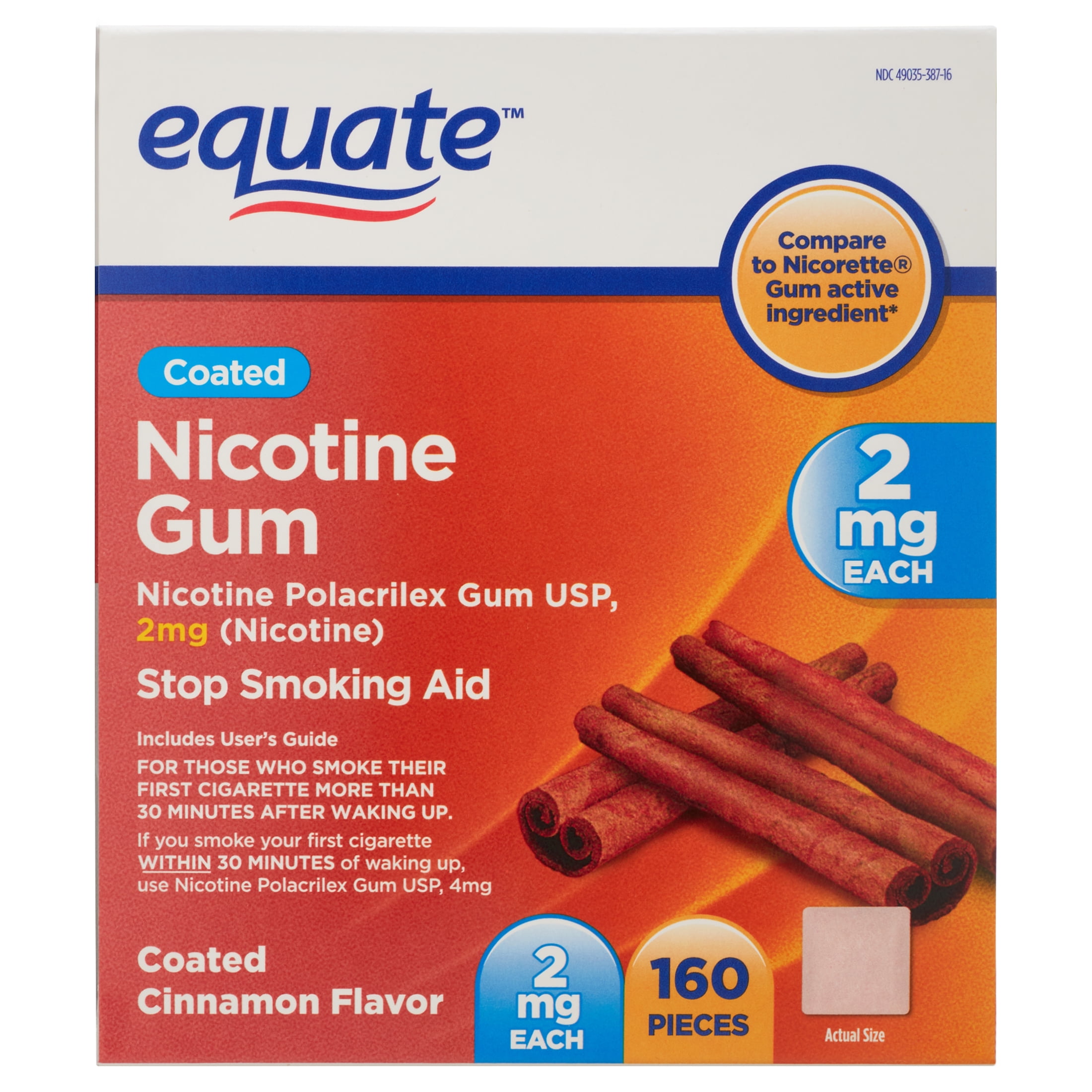 Equate Coated Nicotine Gum, 2 mg, Coated Cinnamon Flavor, 160 Count