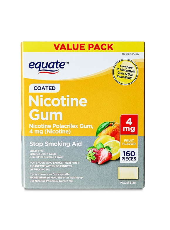 Equate Coated Nicotine Gum 2 mg, Fruit Flavor, Stop Smoking Aid, 160 Count
