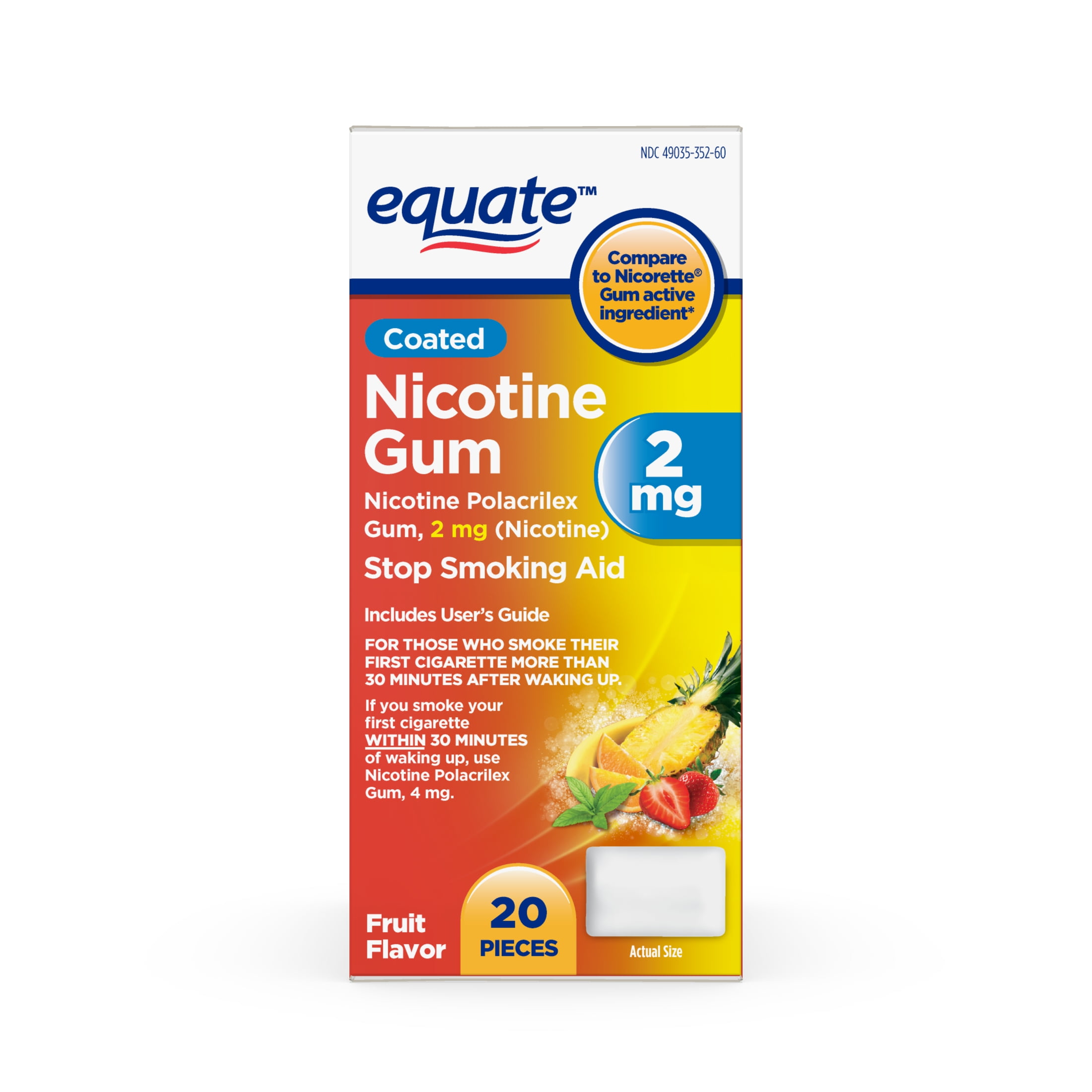 Equate Coated Nicotine Gum 2 mg, Fruit Flavor, Stop Smoking Aid, 20