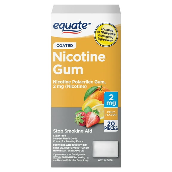 Equate Coated Nicotine Gum 2 mg, Fruit Flavor, Stop Smoking Aid, 20 Count