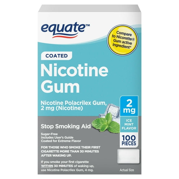 Equate Nicotine Gum 2 mg, Stop Smoking Aid, Ice Mint Flavor, Coated, 100 Count