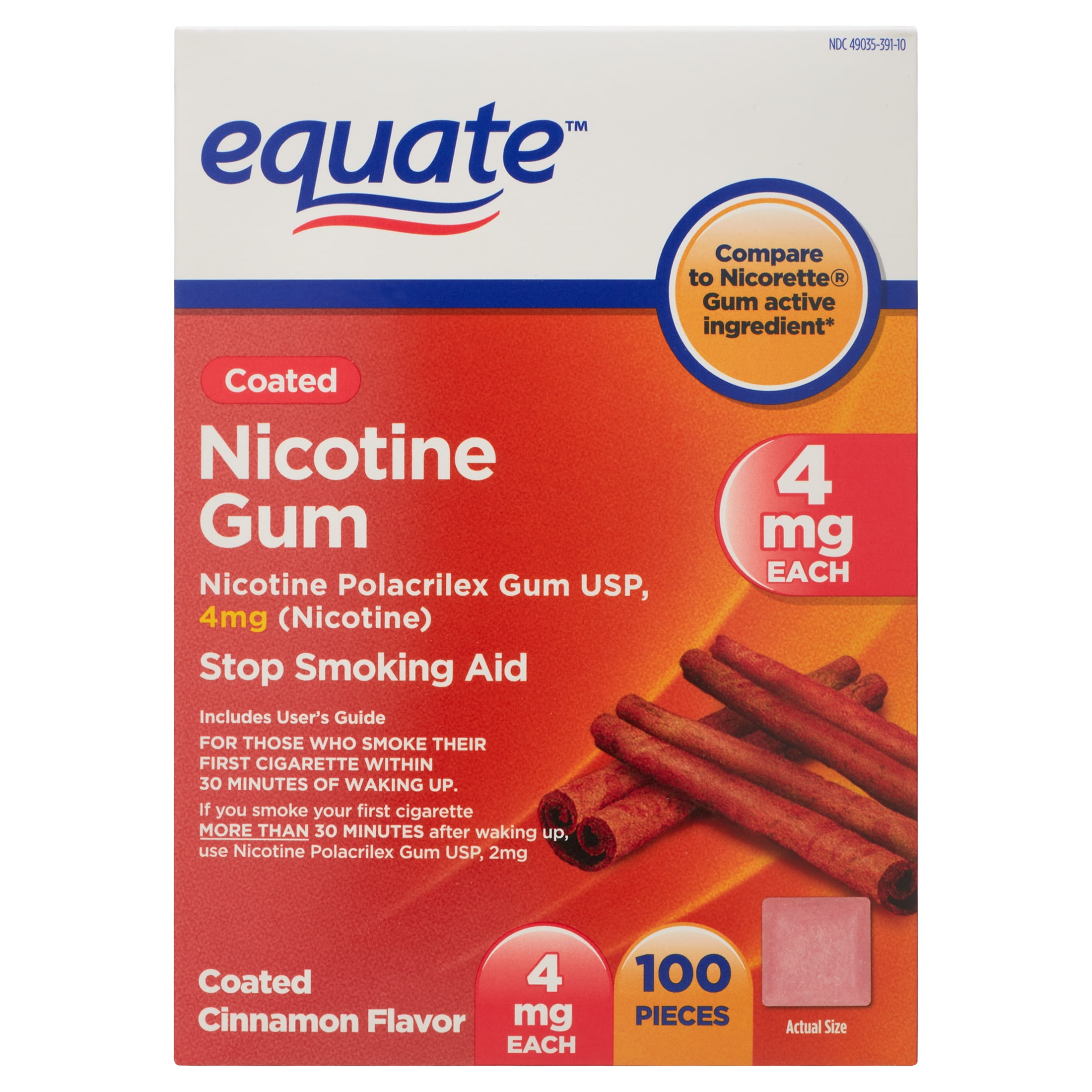 Equate Coated Nicotine Gum, 4 mg, Coated Cinnamon Flavor, 100 Count