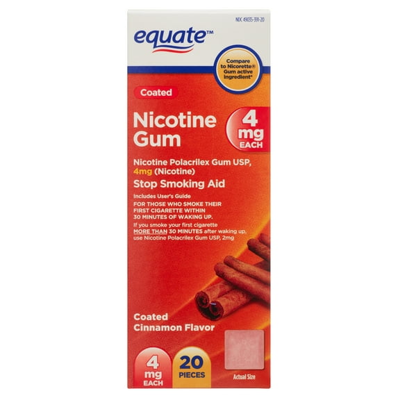 Equate Coated Nicotine Gum, 4 mg, Coated Cinnamon Flavor, 20 Count
