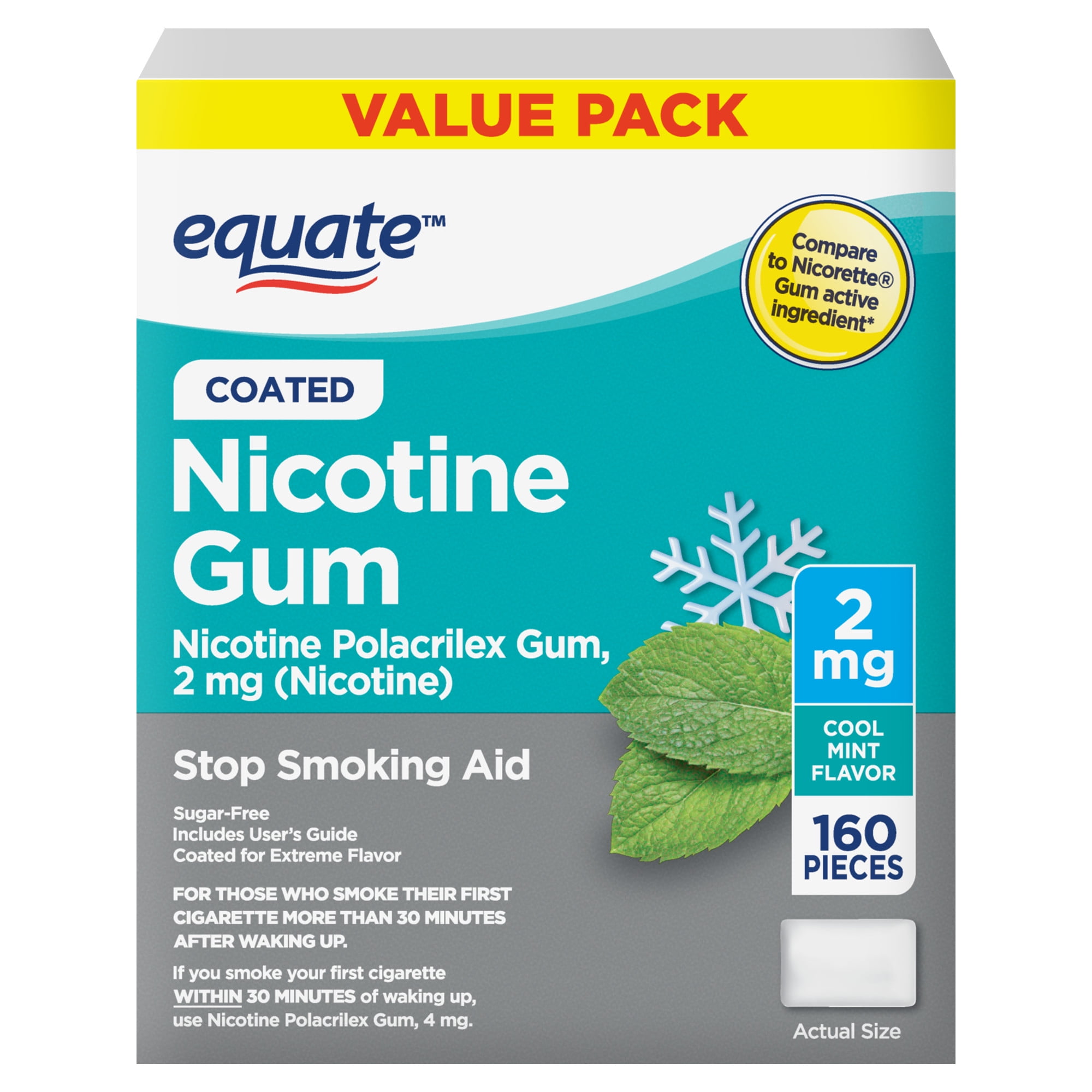 Equate Coated Nicotine Polacrilex Gum 2 mg, Stop Smoking Aid, Mint Flavor, 160 Count