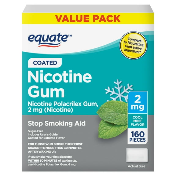 Equate Coated Nicotine Polacrilex Gum 2 mg, Stop Smoking Aid, Mint Flavor,  160 Count