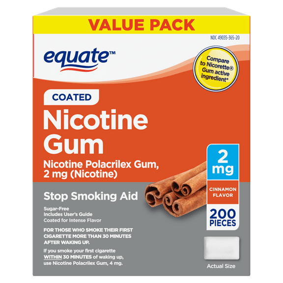 Equate Nicotine Coated Gum 2 mg, Stop Smoking Aid, Cinnamon Flavor, 200 Ct