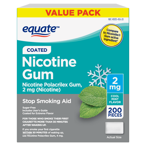 Equate Coated Nicotine Polacrilex Gum, 2 mg (Nicotine), Stop Smoking Aid, Mint , 200 Count