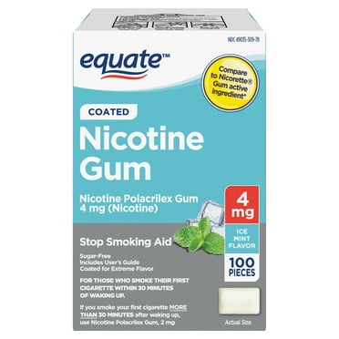 Equate Coated Nicotine Polacrilex Gum 4 mg, Ice Mint Flavor, Stop Smoking Aid, 100 Count, Compare to Nicorette® Gum Active Ingredient