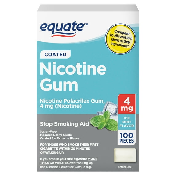 Equate Nicotine Gum 4 mg, Stop Smoking Aid, Ice Mint Flavor, Coated, 100 Count