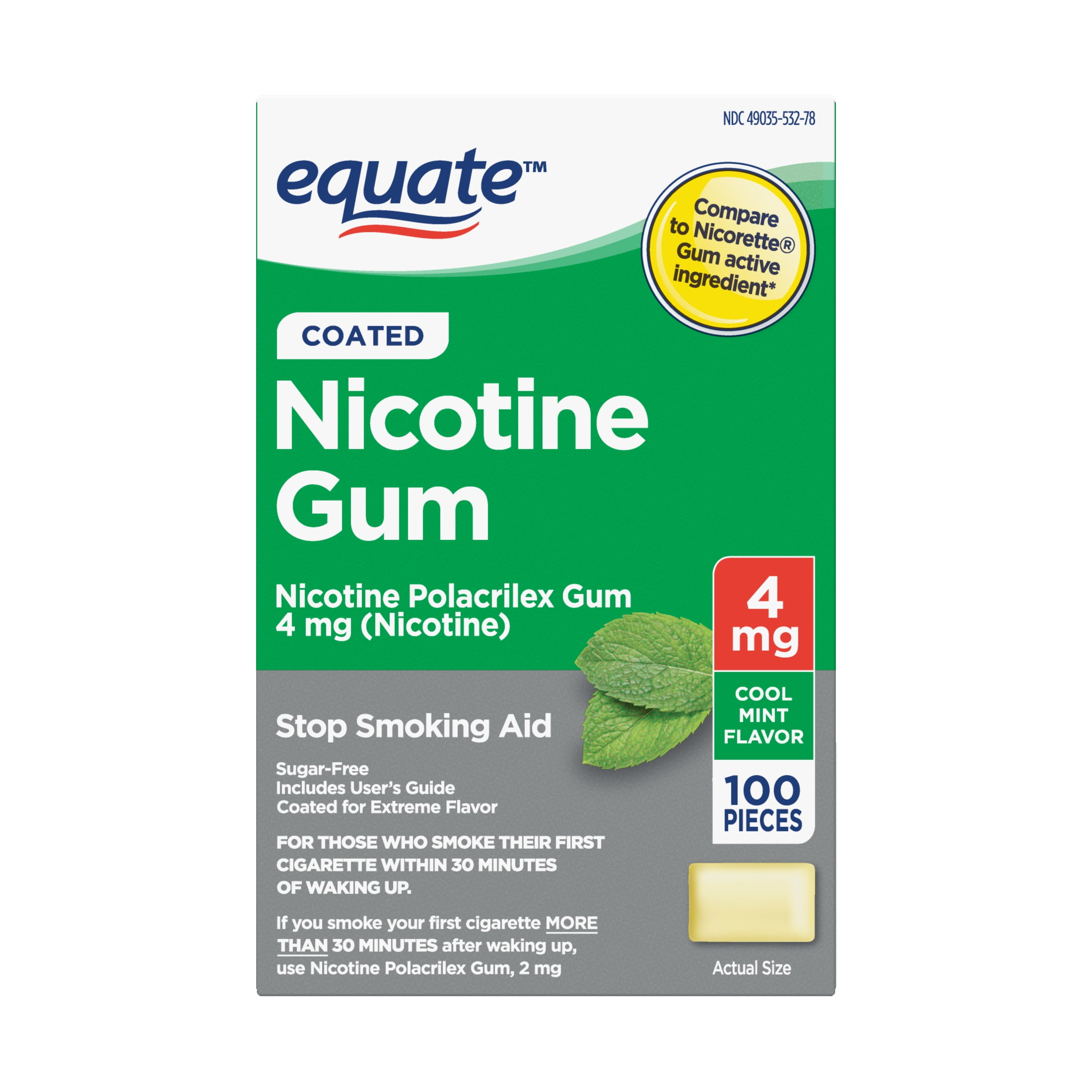 Equate Coated Nicotine Polacrilex Gum 4 mg, Mint Flavor, 100 Count ...
