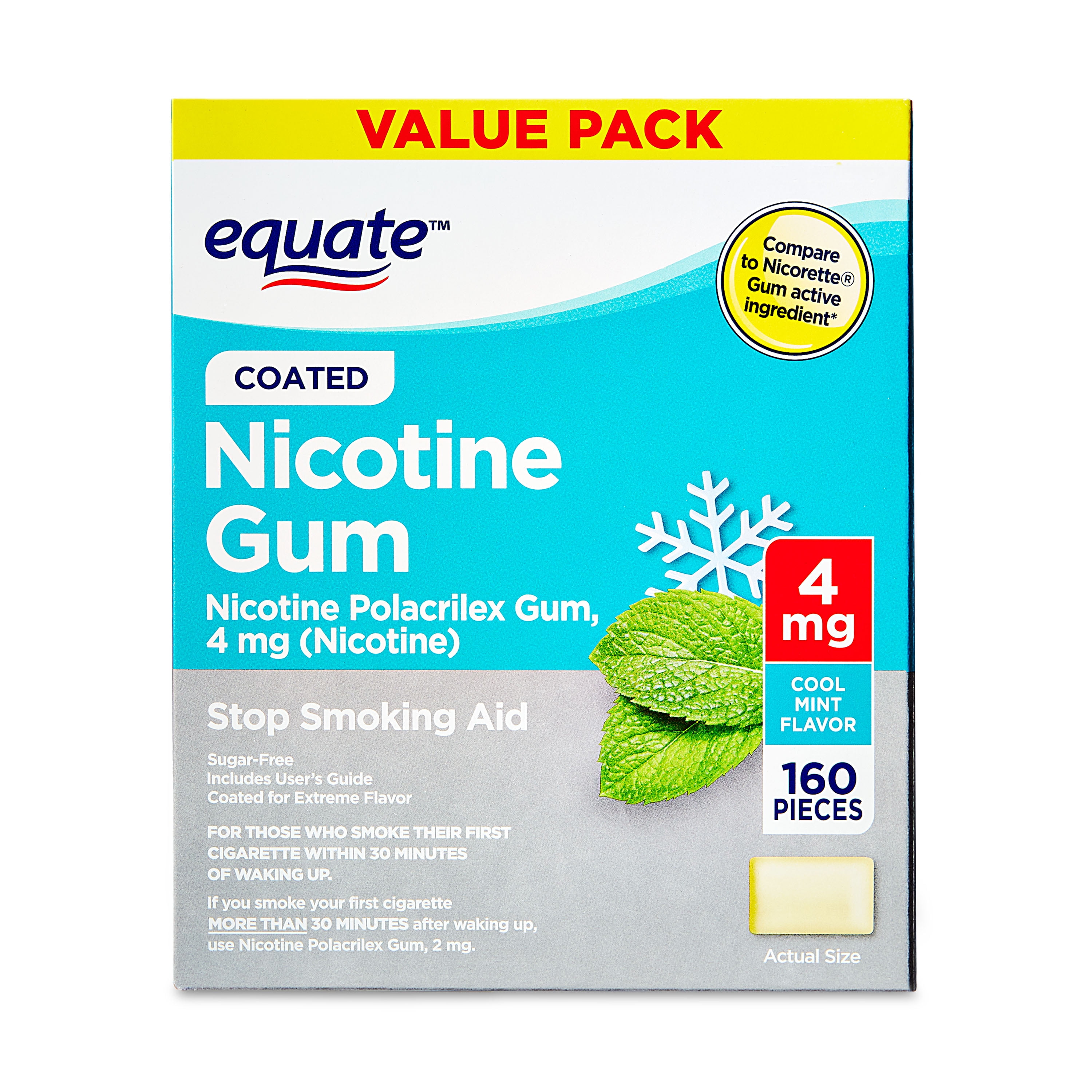 Equate Coated Nicotine Polacrilex Gum 4 mg, Mint Flavor, 160 Count