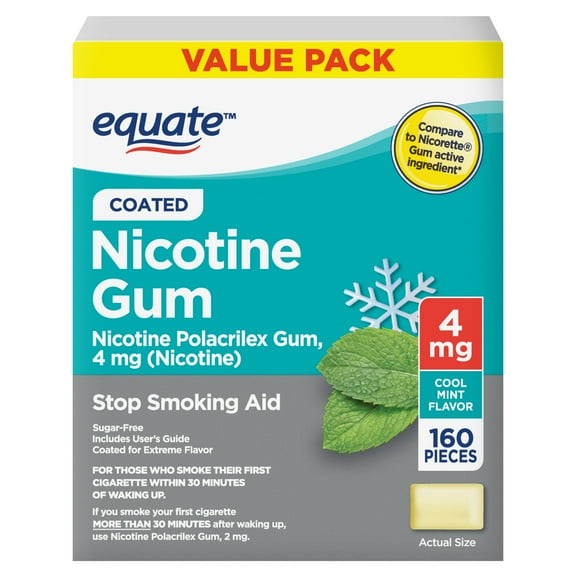 Equate Nicotine Gum 4 mg, Stop Smoking Aid, Mint Flavor, Coated, 160 Count