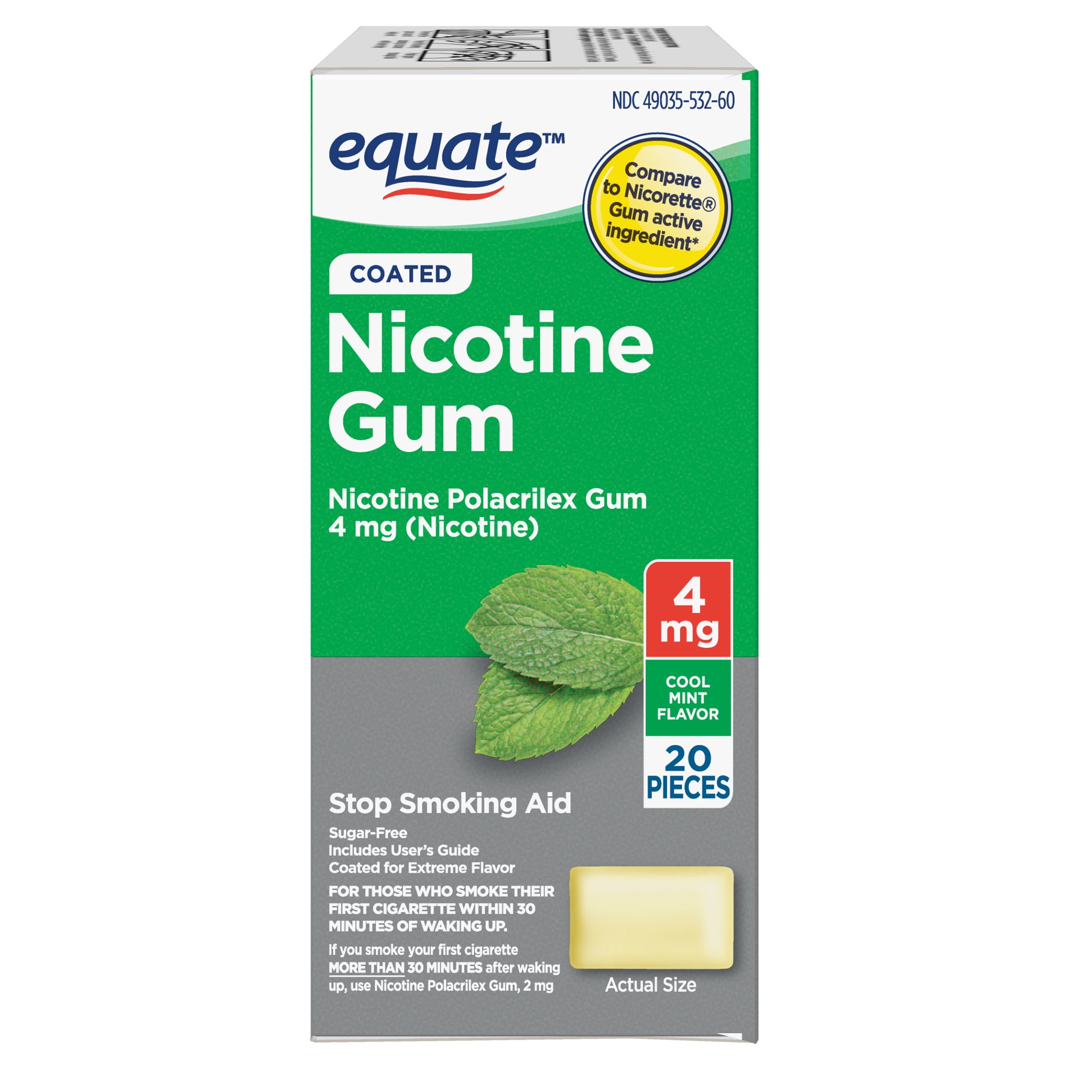 Equate Coated Nicotine Polacrilex Gum 4 mg, Mint Flavor, 20 Count ...
