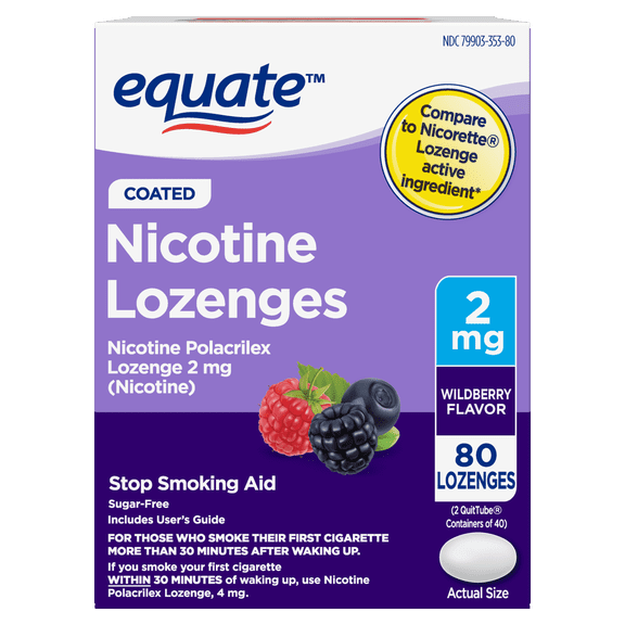 Equate Nicotine Polacrilex Coated Lozenge, 2 mg, Wildberry Flavor, Stop Smoking Aid, 80 Count