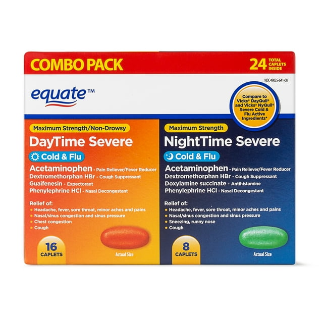 Equate Cold & Flu Formula, Maximum Strength, 16 DayTime Caplets, 8 NightTime Caplets