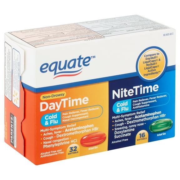 Equate Cold & Flu Relief Multi-Symptom Daytime/Nighttime Combo Pack Softgels; Cold Medicine 48 Count