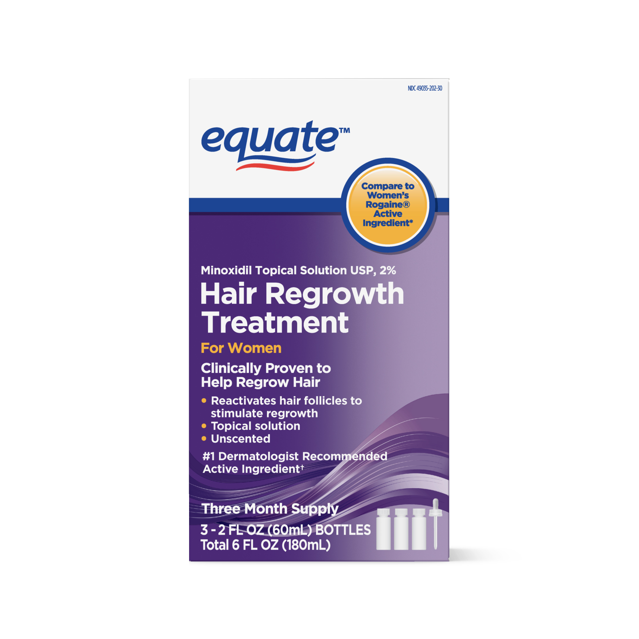 Equate Compare to Women's Rogaine Minoxidil Topical Solution 2%, 3-Month Hair Loss & Regrowth Treatment for Female, 6 Fl oz - image 1 of 7