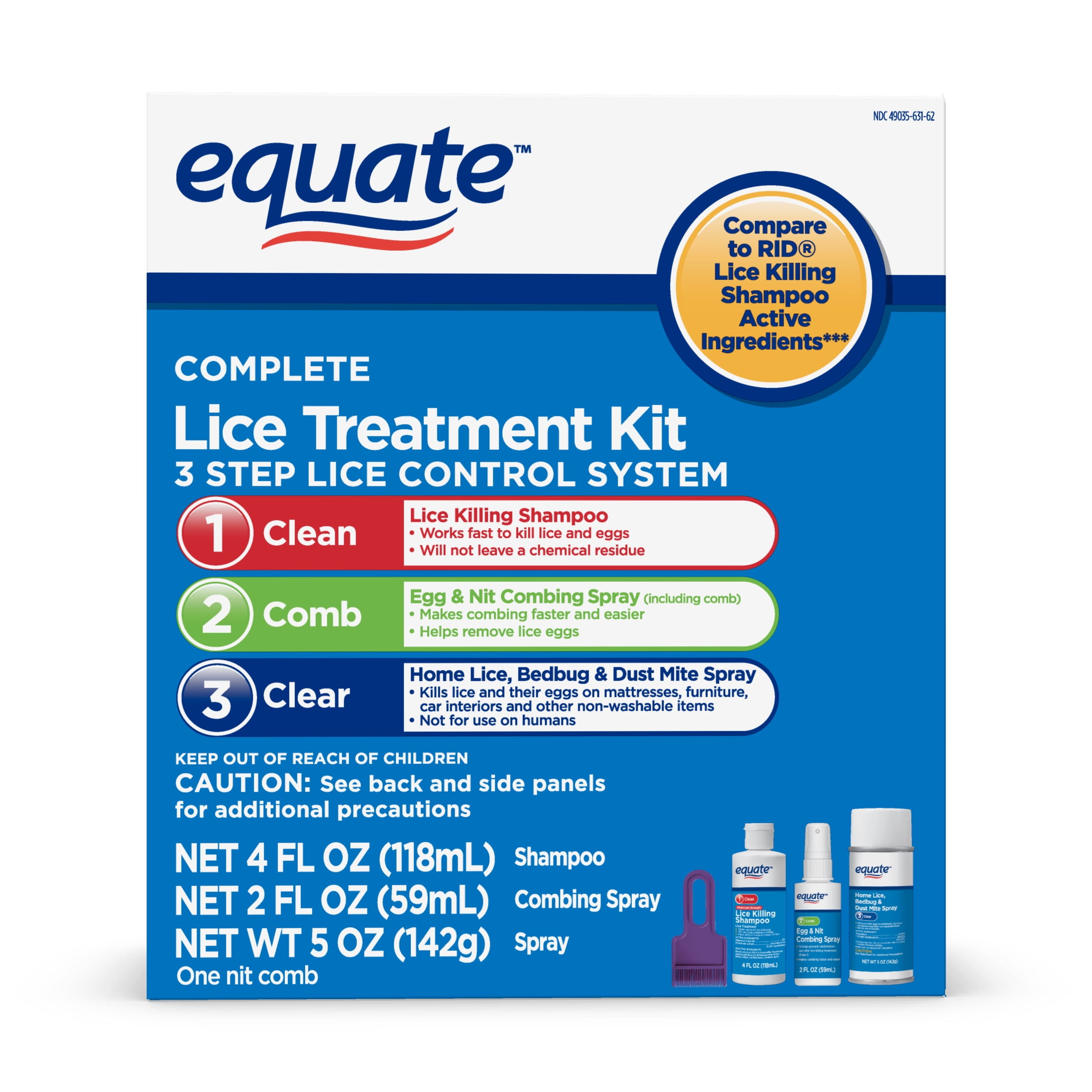 Equate Complete Lice Treatment Kit, 3 Steps to Control Lice , 3 Step