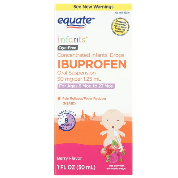 Equate Infants' Dye-Free Ibuprofen Oral Suspension Concentrated Drops, 50 mg, Berry Flavor, Ages 6 Mos to 23 Mos, 1 fl oz, Compare to Concentrated Motrin® Infants' Drops Active Ingredient