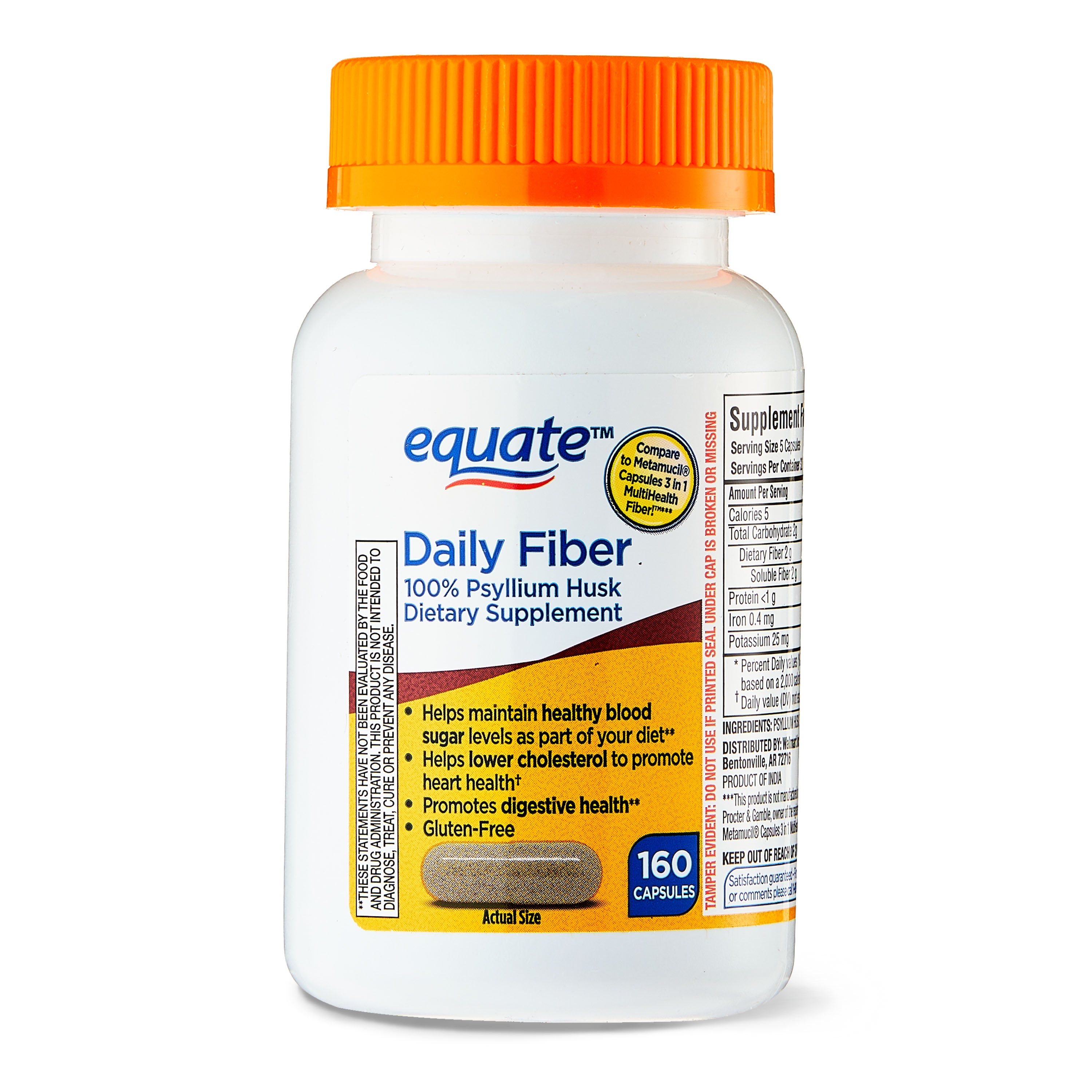 Equate Daily Fiber, 100% Psyllium Husk Dietary Supplement Unflavored Capsules, 160 Count