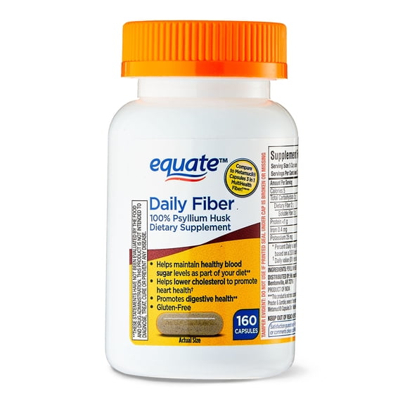 Equate Daily Fiber, 100% Psyllium Husk Dietary Supplement Unflavored Capsules, 160 Count