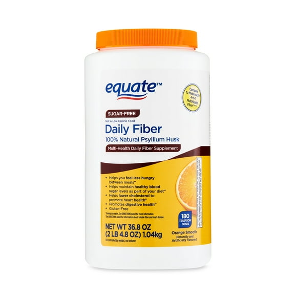 Equate Daily Fiber Supplement, Psyllium Husk Fiber Orange Powder, Sugar-Free 180 Doses