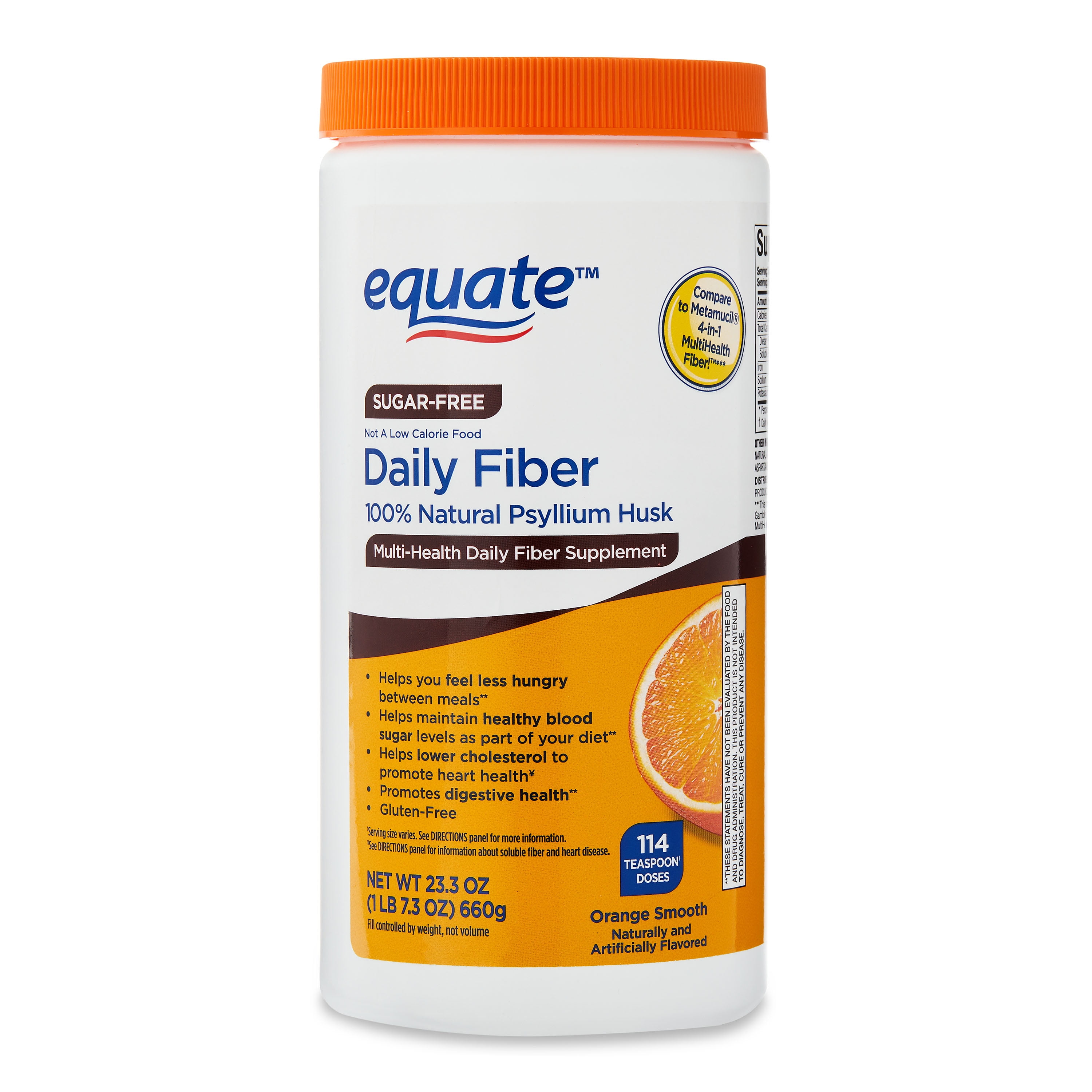 Equate Daily Fiber Supplement, Psyllium Husk Fiber Orange Powder, Sugar-Free 114 Doses