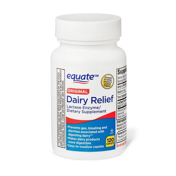 Equate Dairy Relief Lactase Enzyme Caplets, Original, 120 Count, Compare to Lactase Enzyme in Lactaid® Fast Act