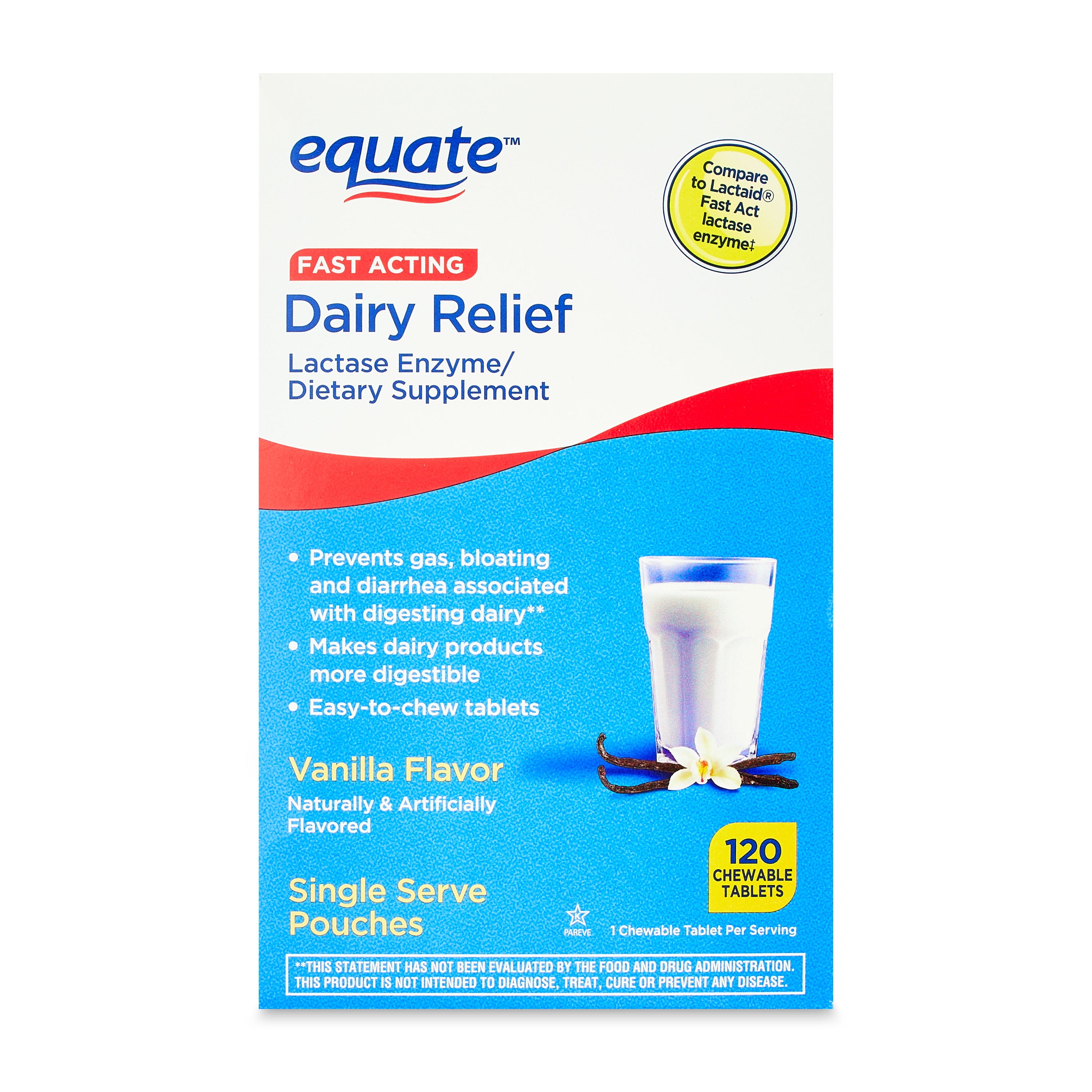 Equate Dairy Relief Lactase Enzyme Vanilla Flavor Chewable Tablet, 120 Count, Compare to Lactaid Fast Act Lactase Enzyme