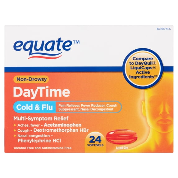 Equate Daytime Cold & Flu Liquid Caps; Cold Care for Daytime Cold and Flu ,24 Count