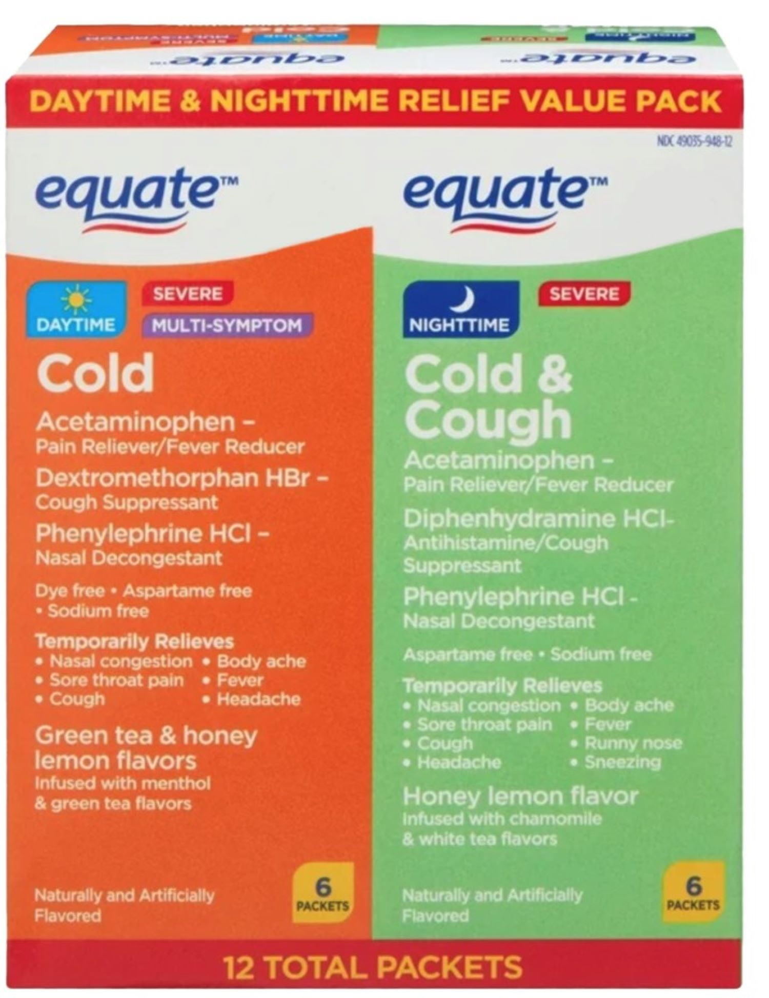 Equate Multi-Symptom Daytime & Nighttime Severe Cold & Cough Relief Powder Packets Combo Pack, 12 Count (2x6 Count)